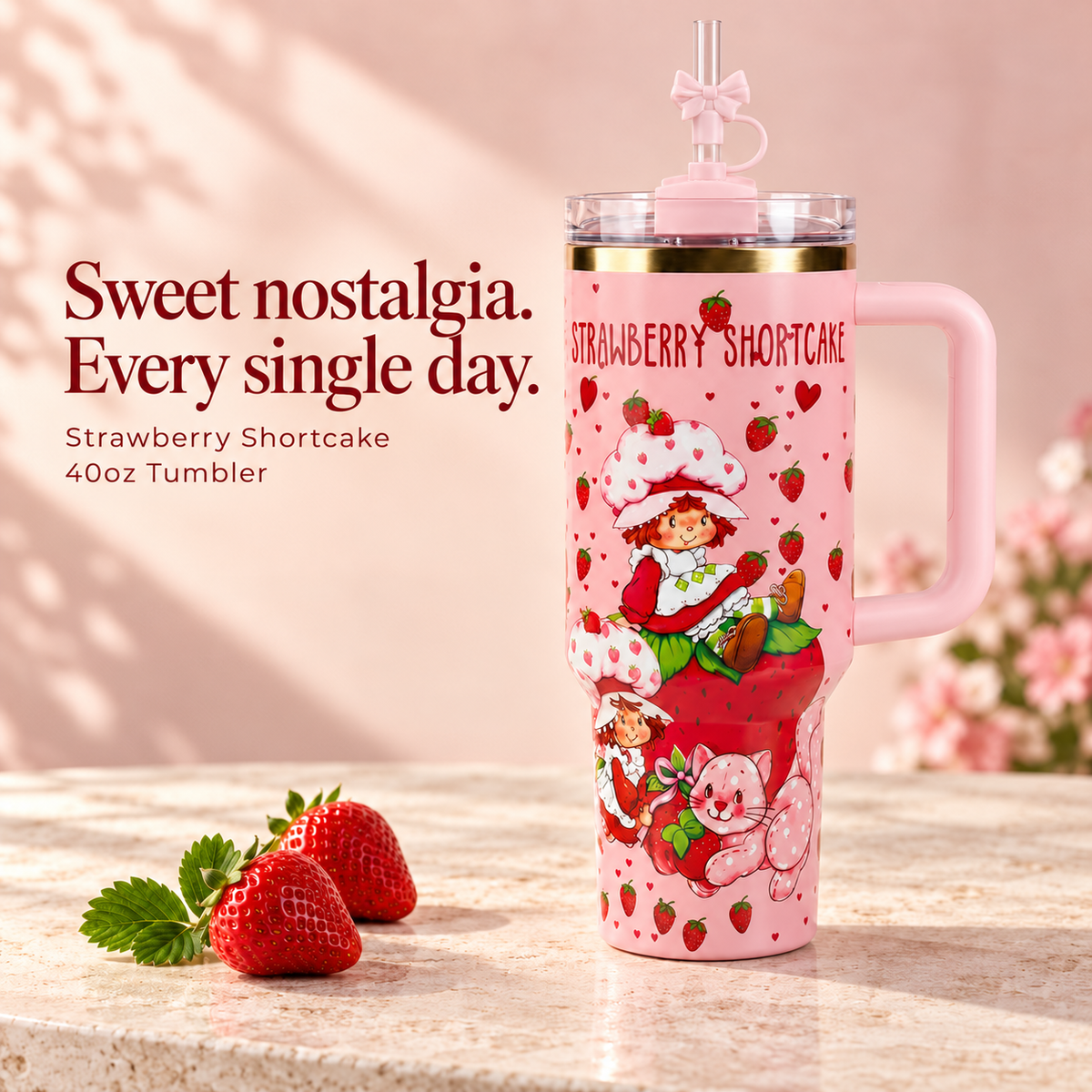 Strawberry Shortcake 40oz tumbler with pink handle