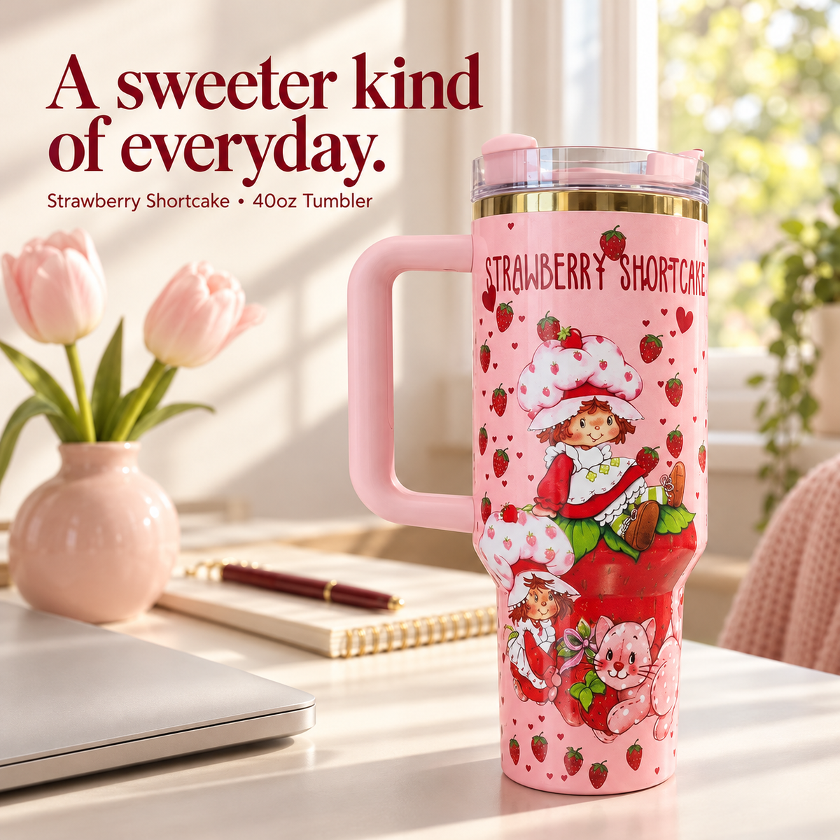Strawberry Shortcake tumbler on a desk